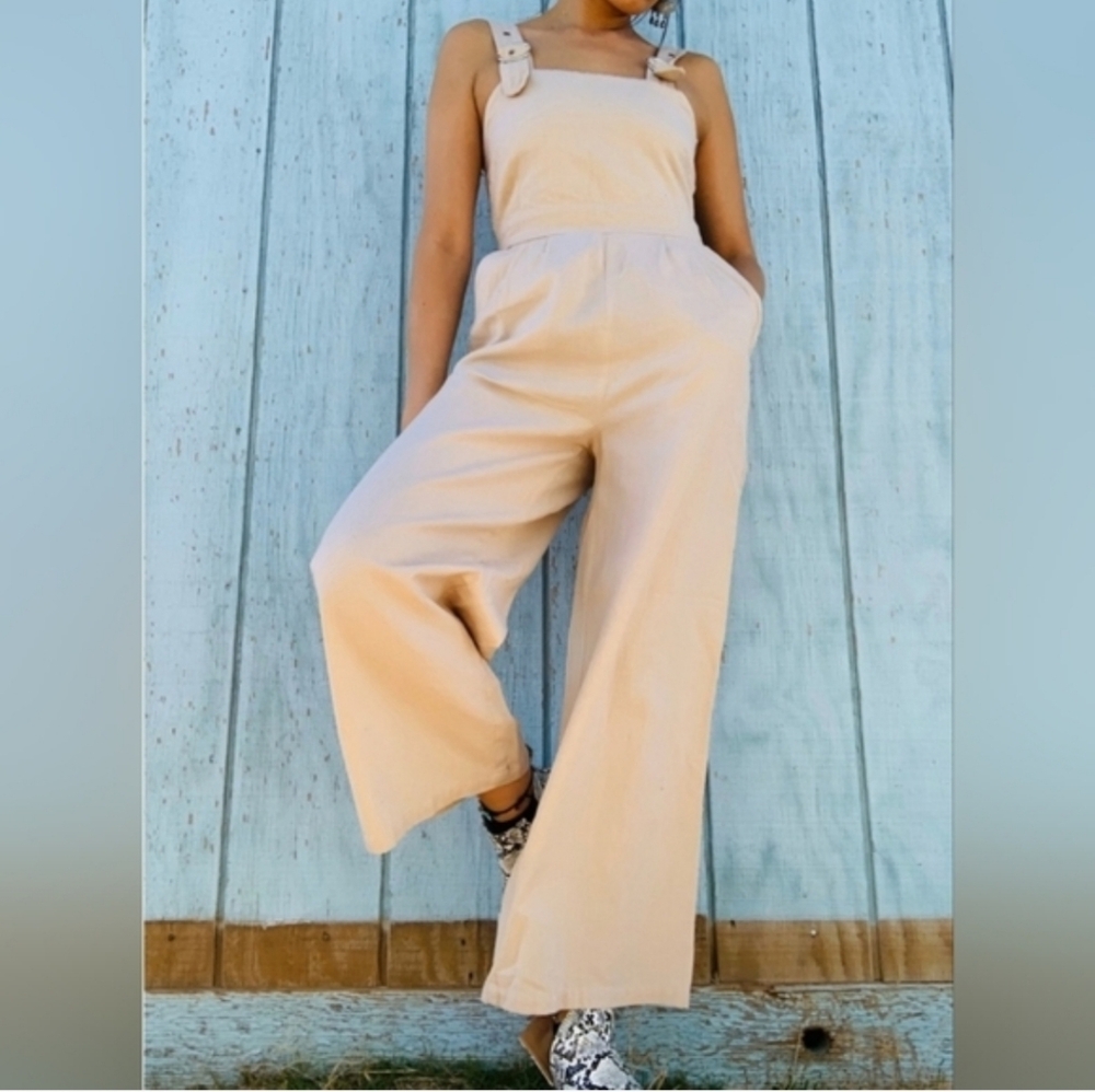 NWOT Japna Linen Wide Leg Jumpsuit Boho High Rise Elastic Waist Pockets Cottage